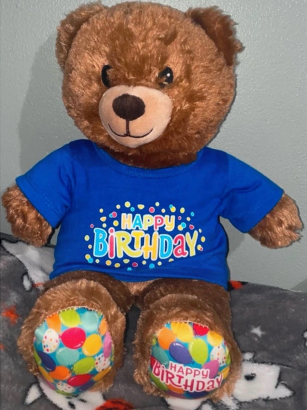 Build-A-Bear Brown Teddy in Bright Blue "Happy Birthday" Tee